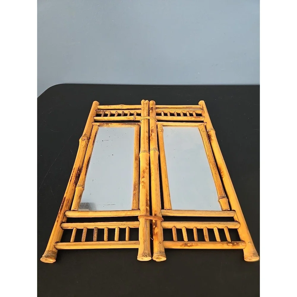 VTG Bamboo Rattan‎ Tabletop Vanity Mirror Folding 2 Sides Jewelry Holder Boho